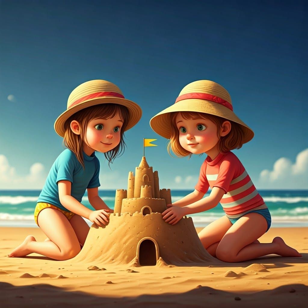 Children Building Sandcastle on Sunny Beach in Digital Art S...