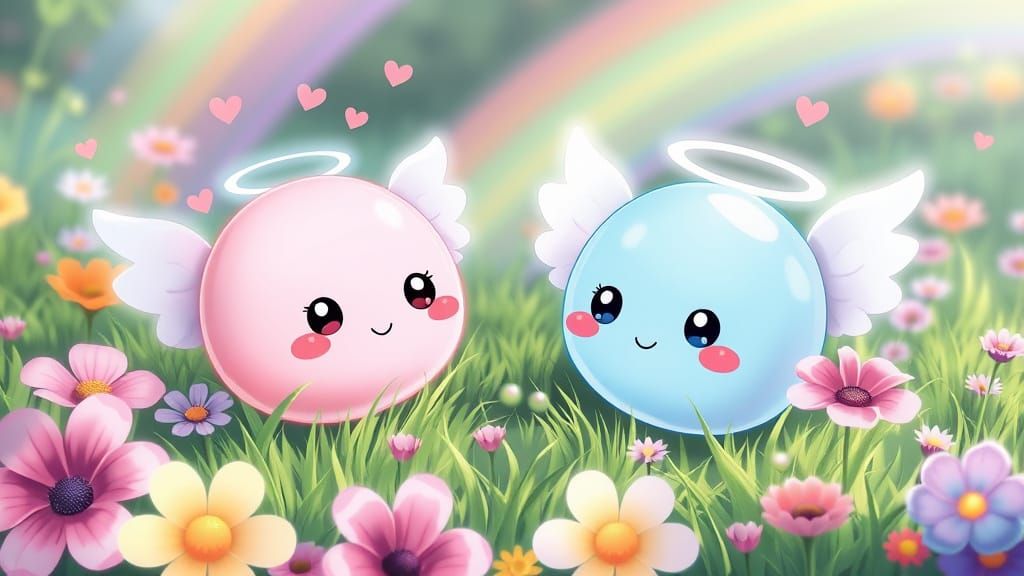 A very cute pastel pink spherical jelly blob with cute white angel wings and a glowing halo and a very cute pastel blue ...