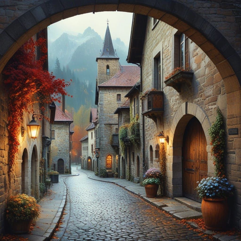 Autumn Chateau Vista in Swiss Countryside