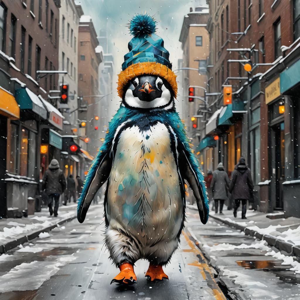 Penguin in Fuzzy Hat Walks City Street