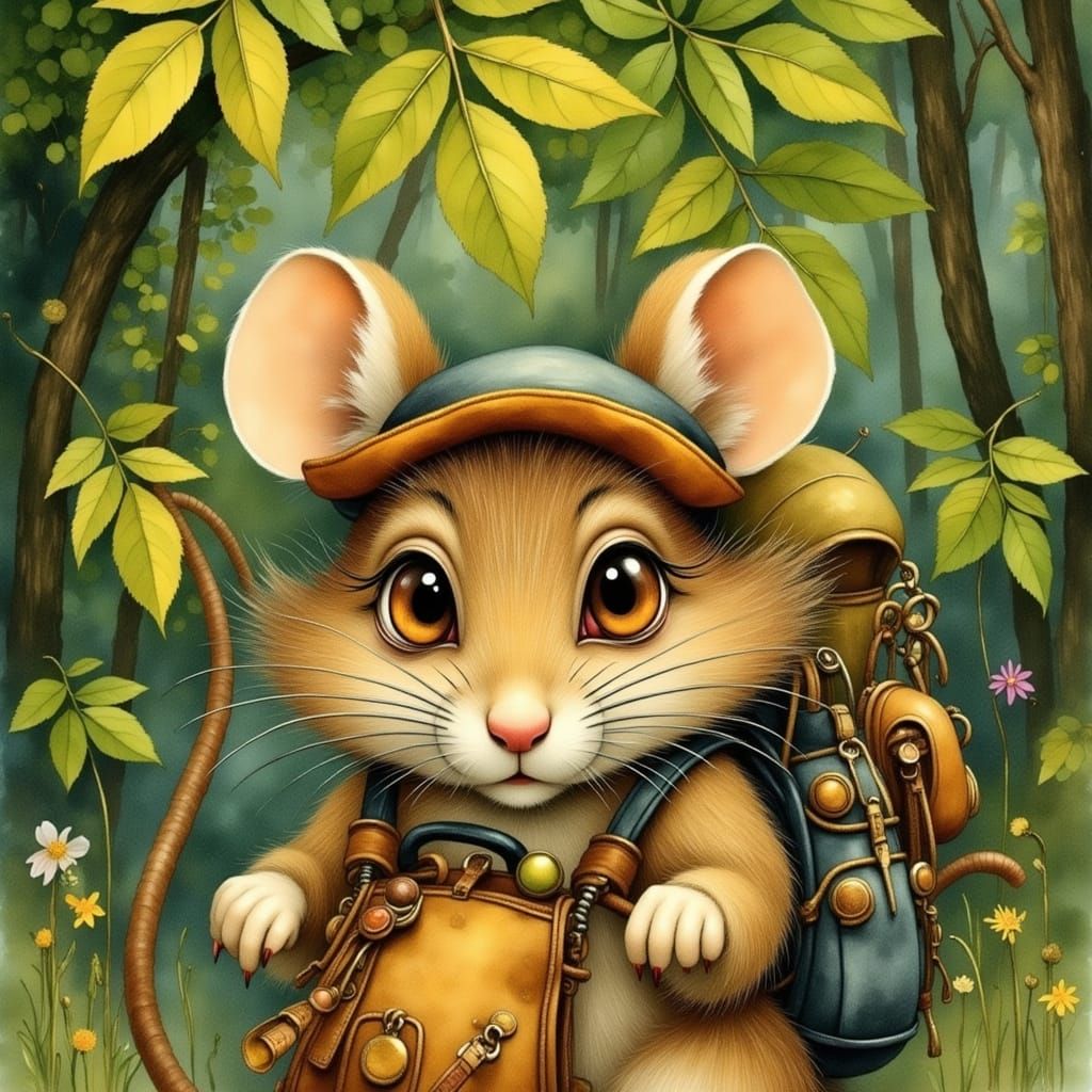 Shy Mouse in Whimsical Watercolor Forest