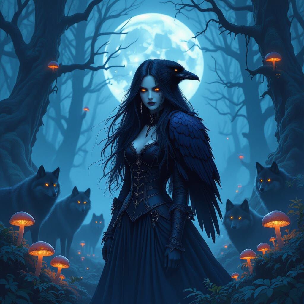Goth Girl-Raven Hybrid in Moonlit Forest with Wolves