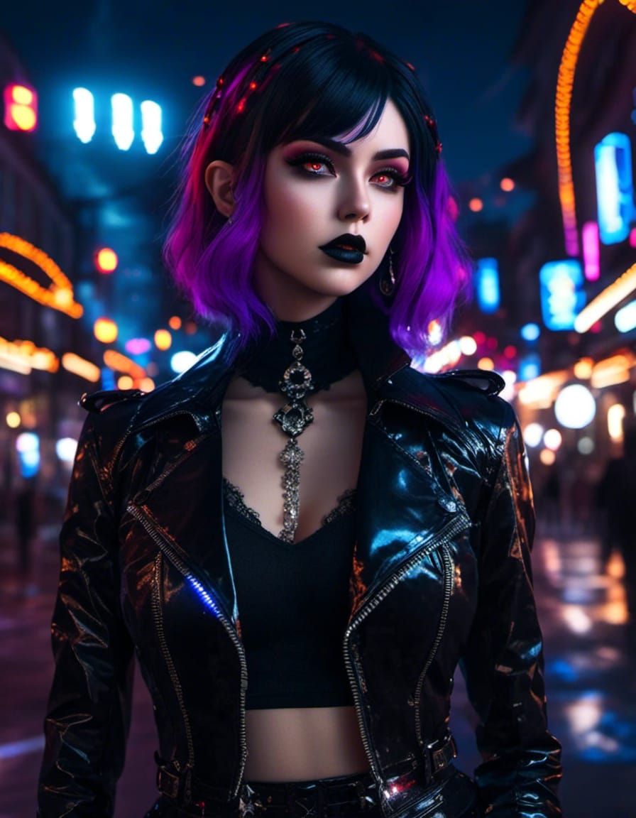 Goth Woman Portrait with Neon Lights and Fairycore Style