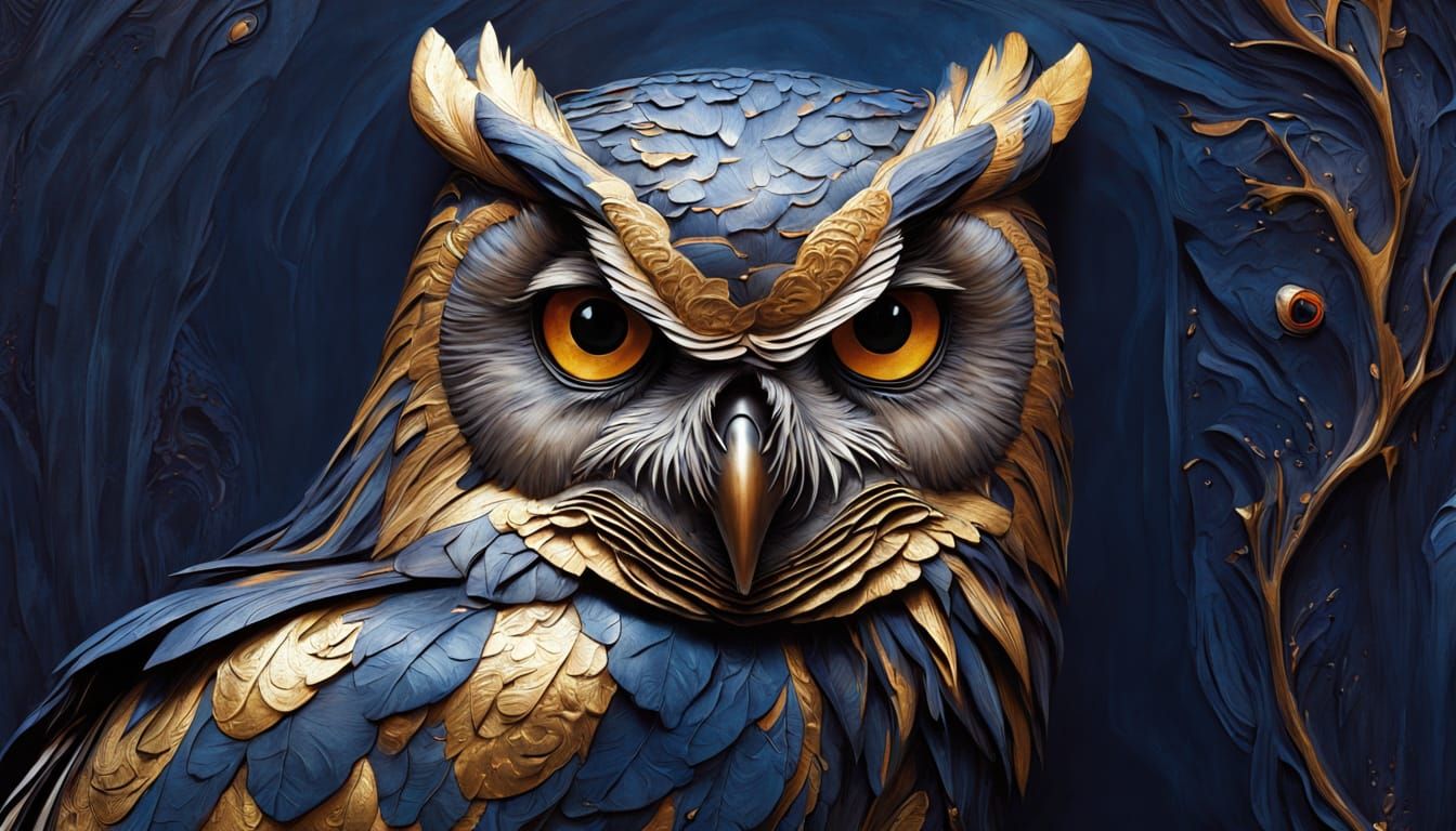 bas-relief, owl, black with gold splashes