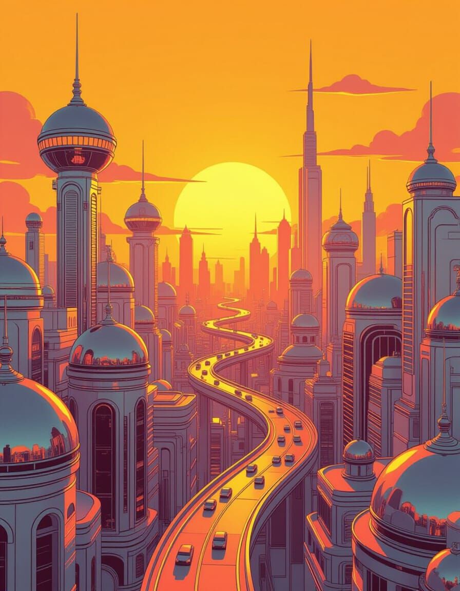 Retro-Futuristic Orange Cityscape at Sunset