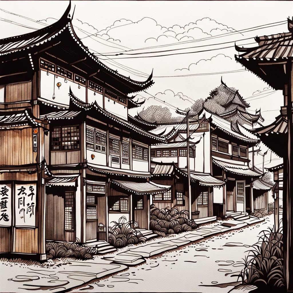 Vibrant Oriental Folk Art Storefronts in a Lush Town Setting