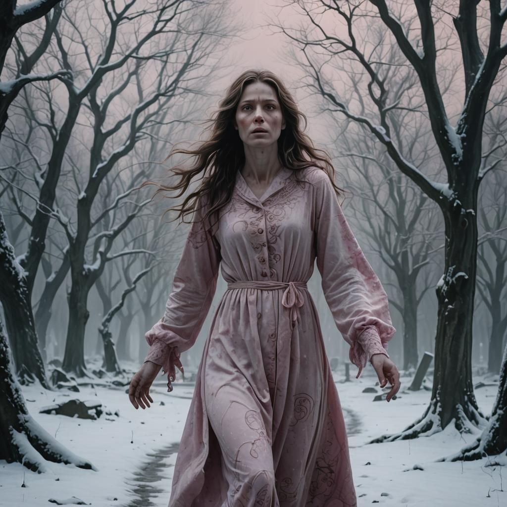 Resurrected Woman Rises in Snowy Cemetery, Gothic Horror