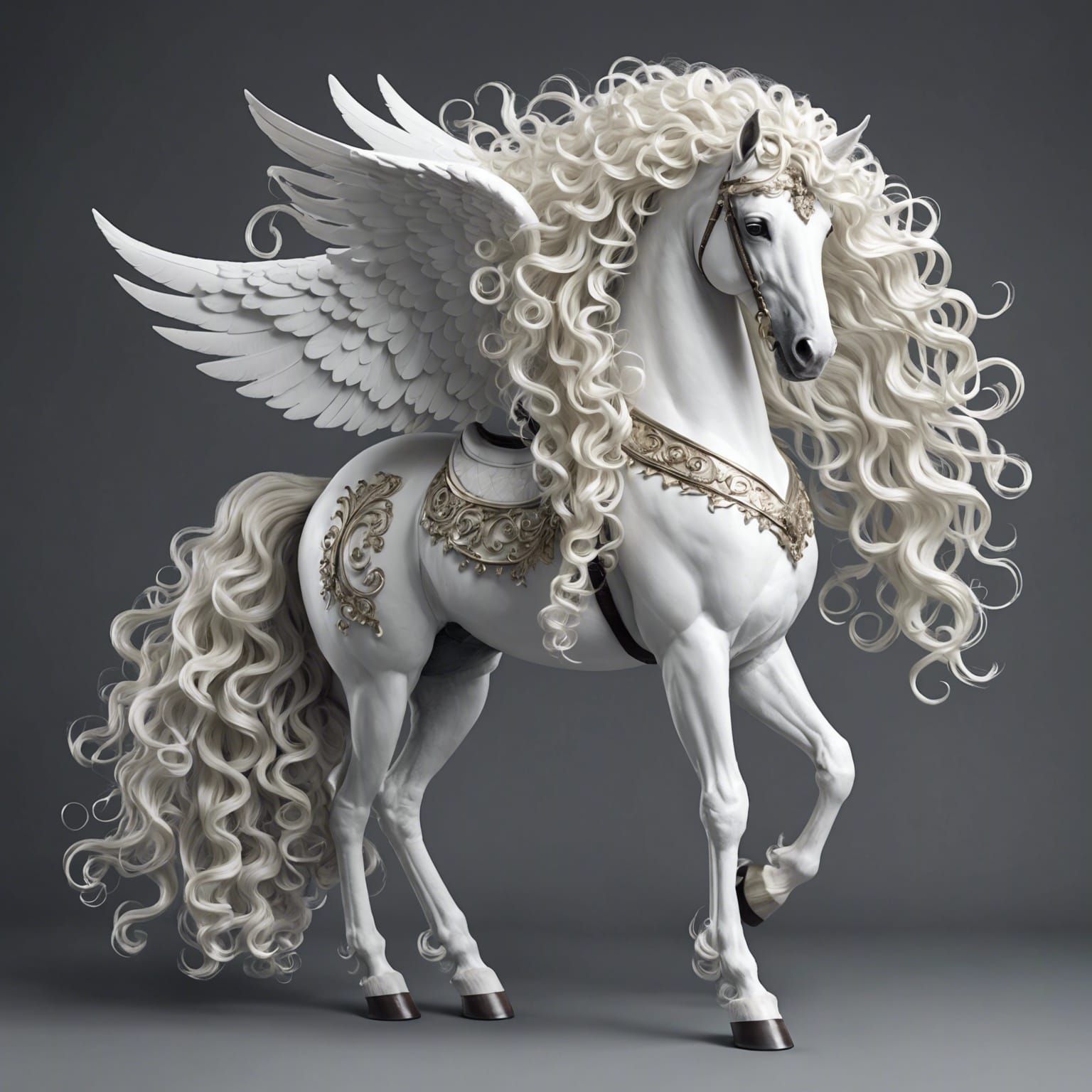 Elegant White Pegasus with Flowing Curly Mane
