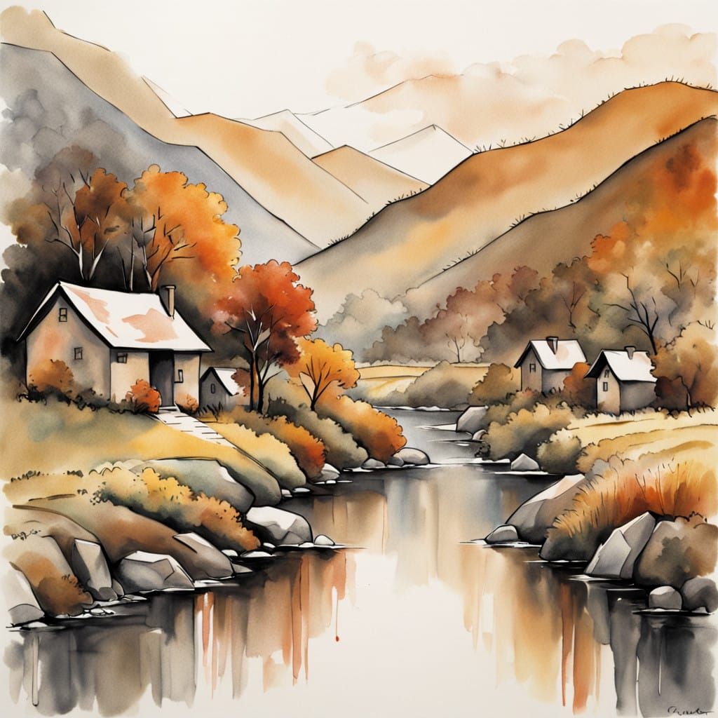 Idyllic Mountain Village in Whimsical Watercolor Style