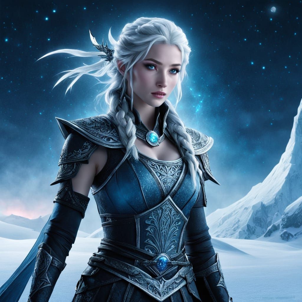 Frozen Goddess in Ninja Attire Under Ethereal Blue Moonlight