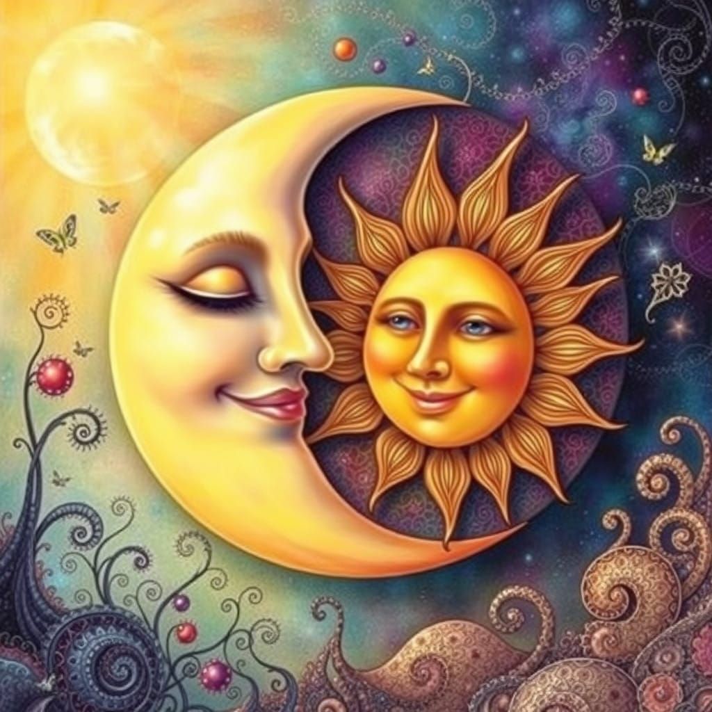 Whimsical Half Moon Embracing Radiant Sun in Dreamy Fantasy....