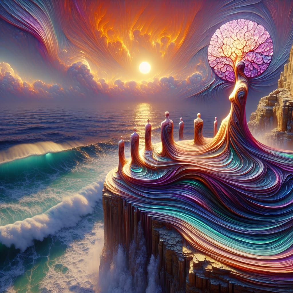 Iridescent Wood Sculptures on Cliff at Sunset