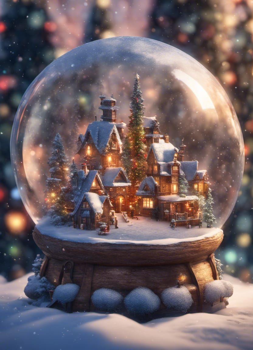 Christmas Village in Snow Globe, 3D Rendered