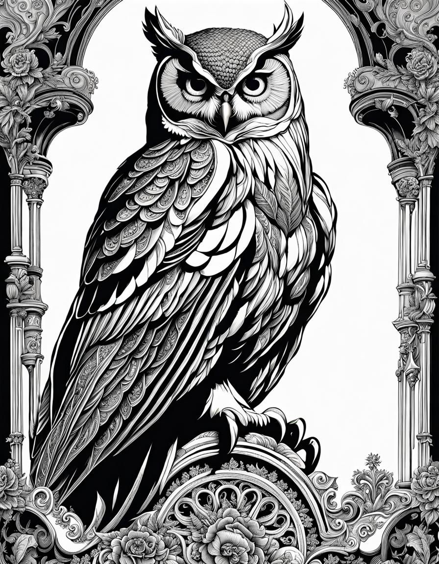 Rococo Owl Stooping Line Art Masterpiece