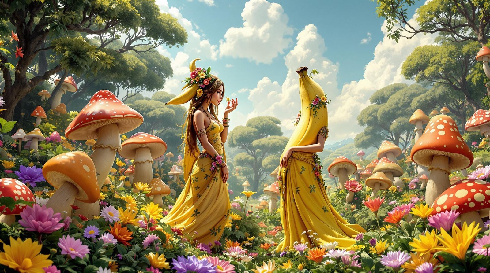 Banana Girl in Mushroom Garden, Fantasy Art