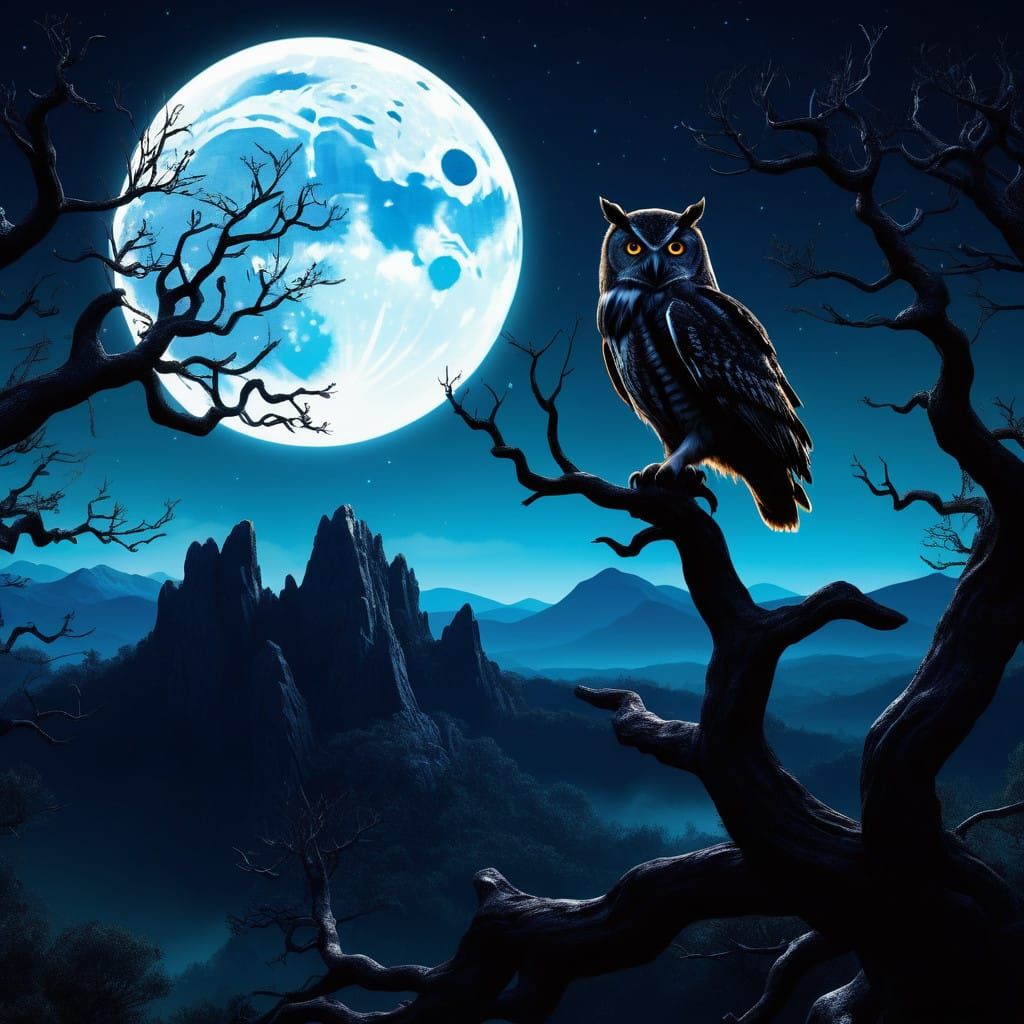 Majestic Owl Silhouette Amidst Rocky Mountains at Moonlight