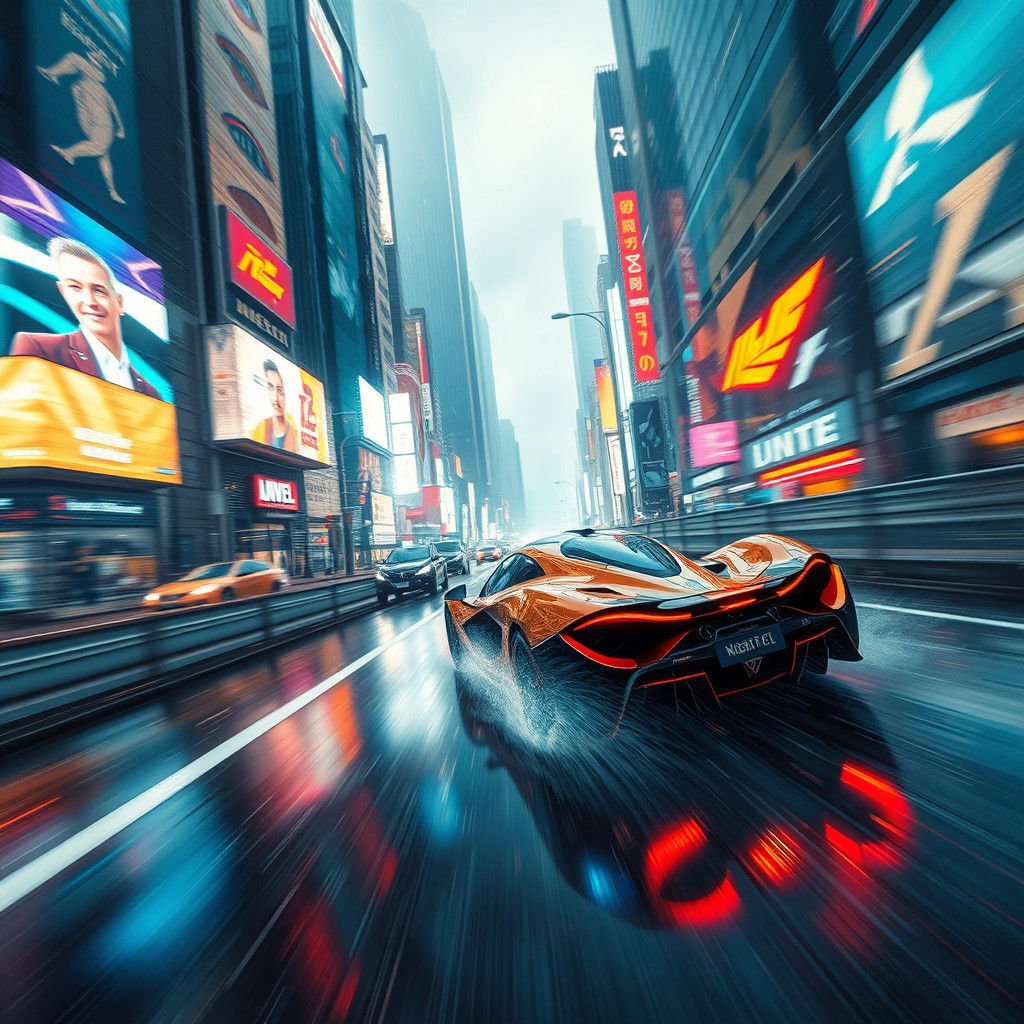 McLaren P1 driving on the highway at high speeds, with motion blur and orange and blue light streaks, in the style of di...