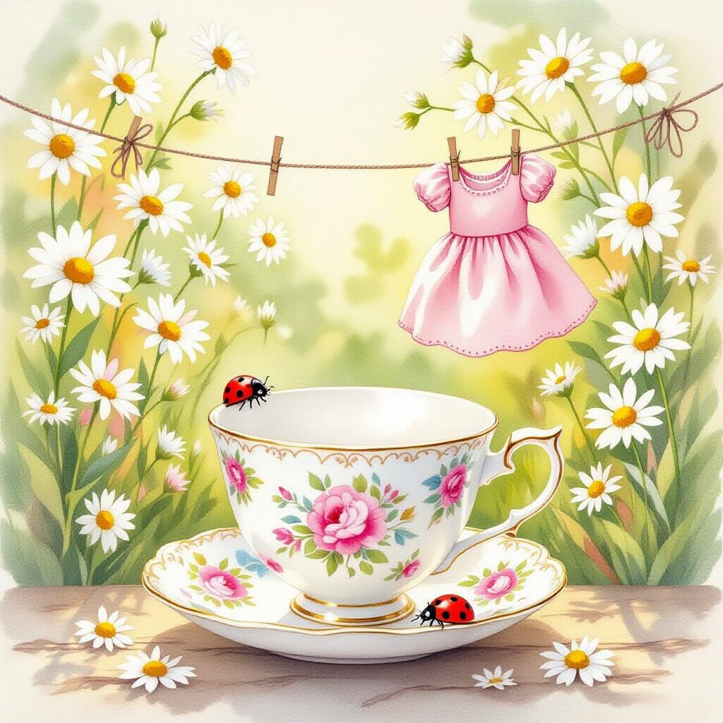 Teacup and Ladybug under Daisy Canopy, Watercolor Style