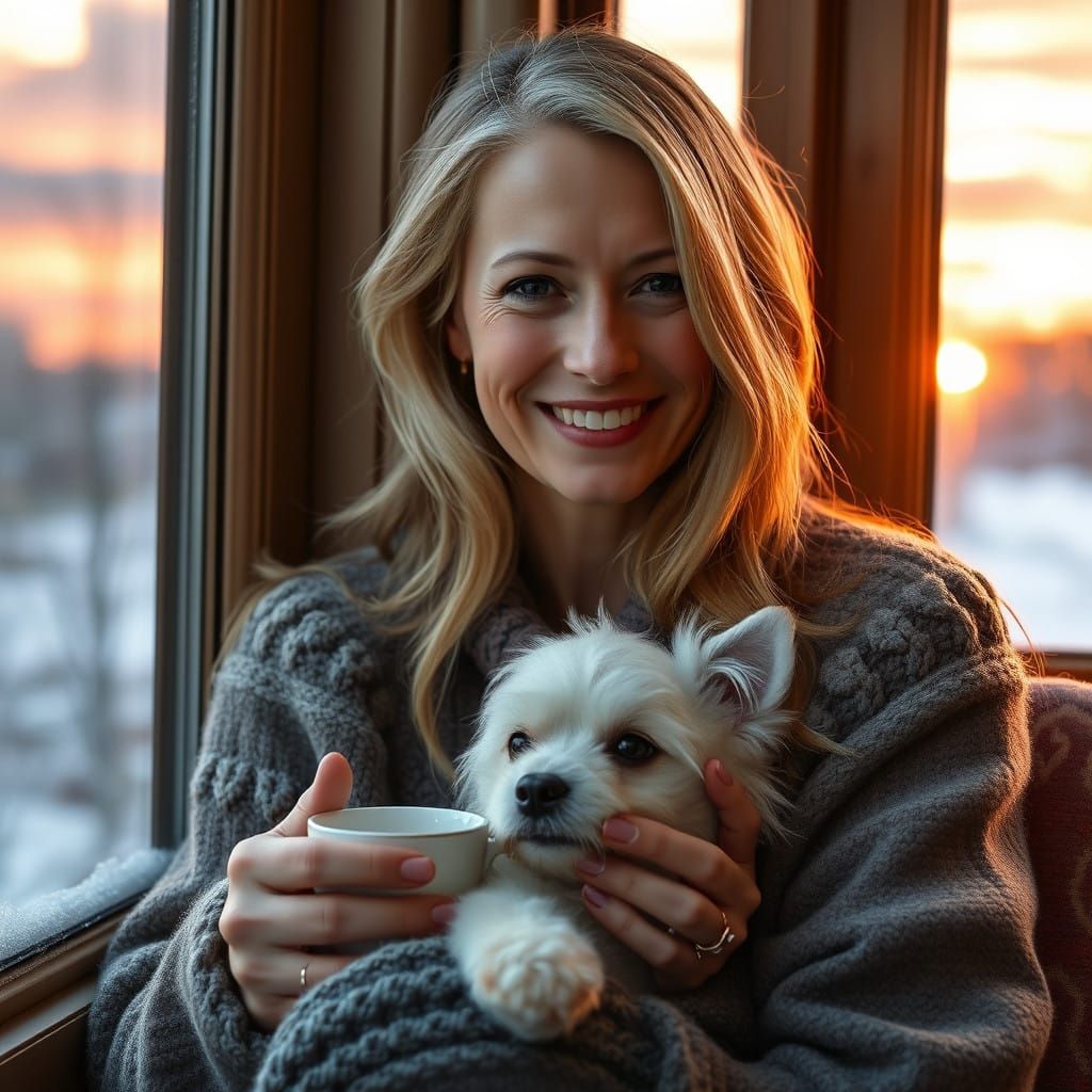Serene Woman Sits with Cozy Dog and Tea, Winter Sunset Behin...