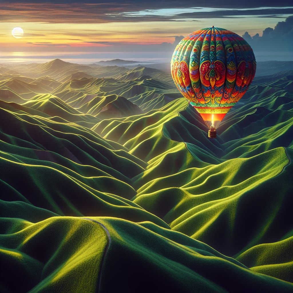 A Disney Pixar style 3D scene featuring an amazingly beautifully designed colorful hot air balloon hovering over a gorge...