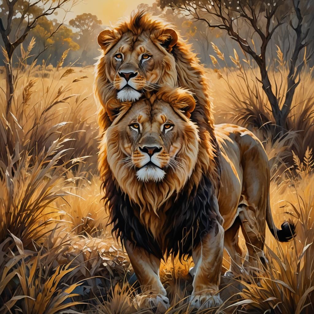 Queen Rides Lion in Sunlit Savannah Oil Painting