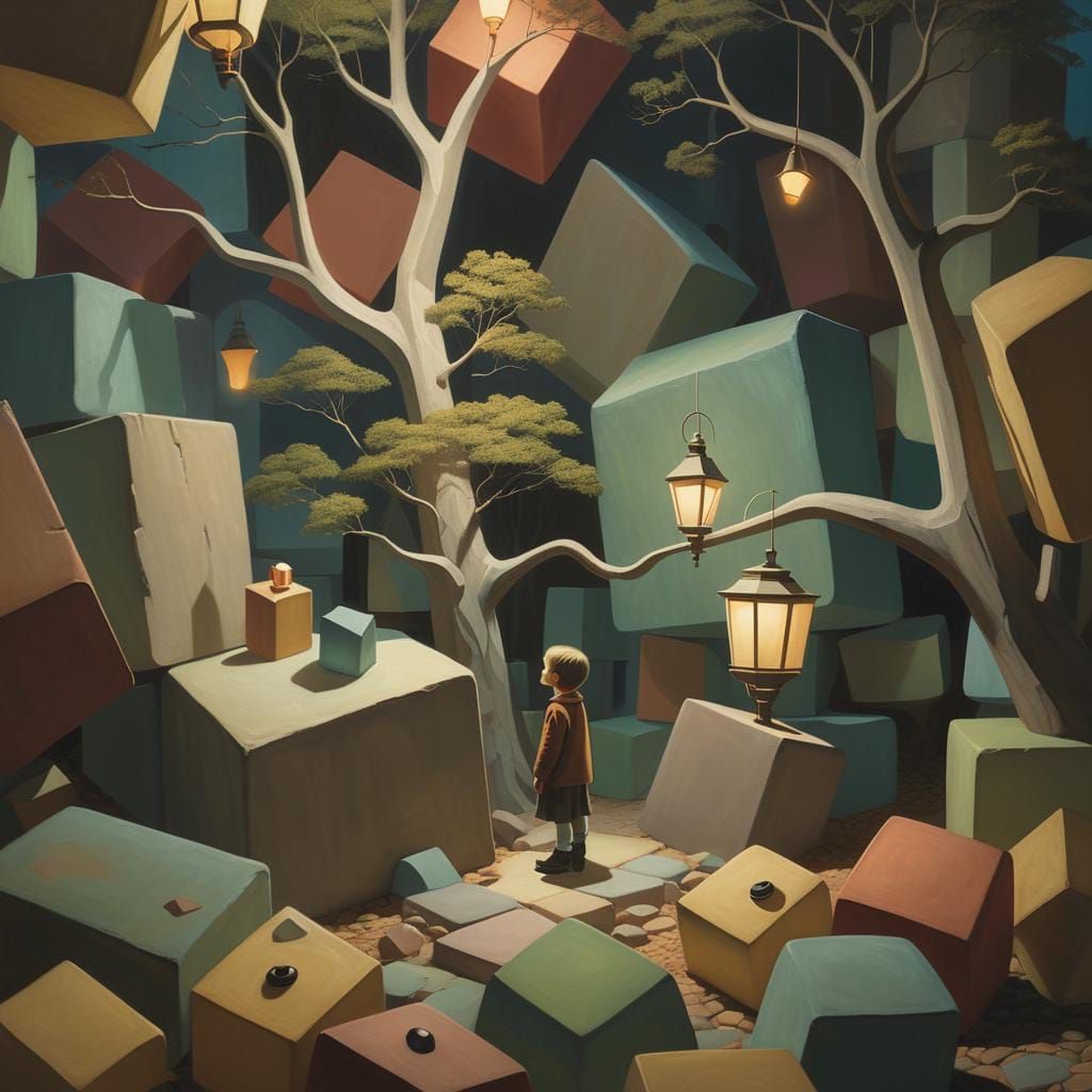 Surreal Child Among Abstract Blocks in Dreamscape