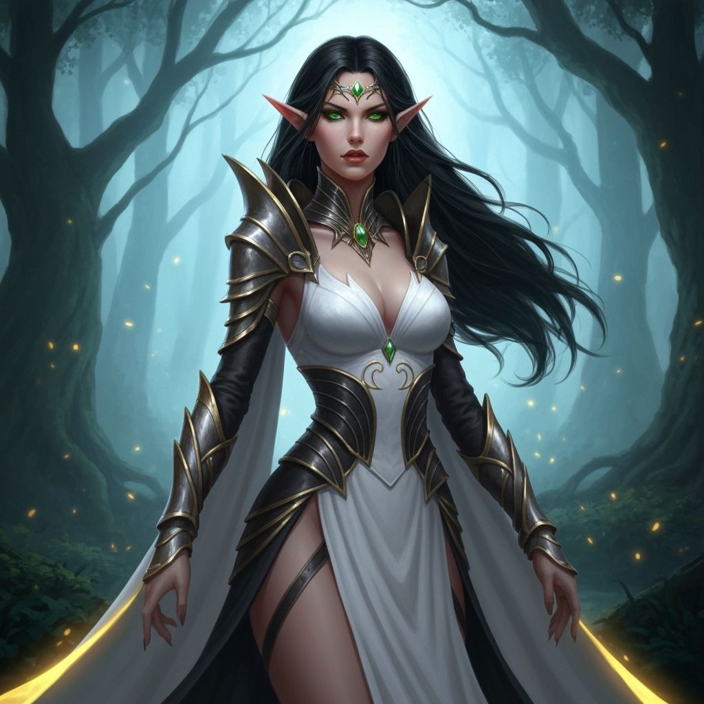 Elegant Elf Warrior in Armoured Dress in Mystical Forest