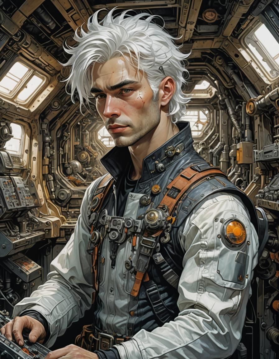 Biopunk Mechanic in Starship Interior, Detailed Portrait