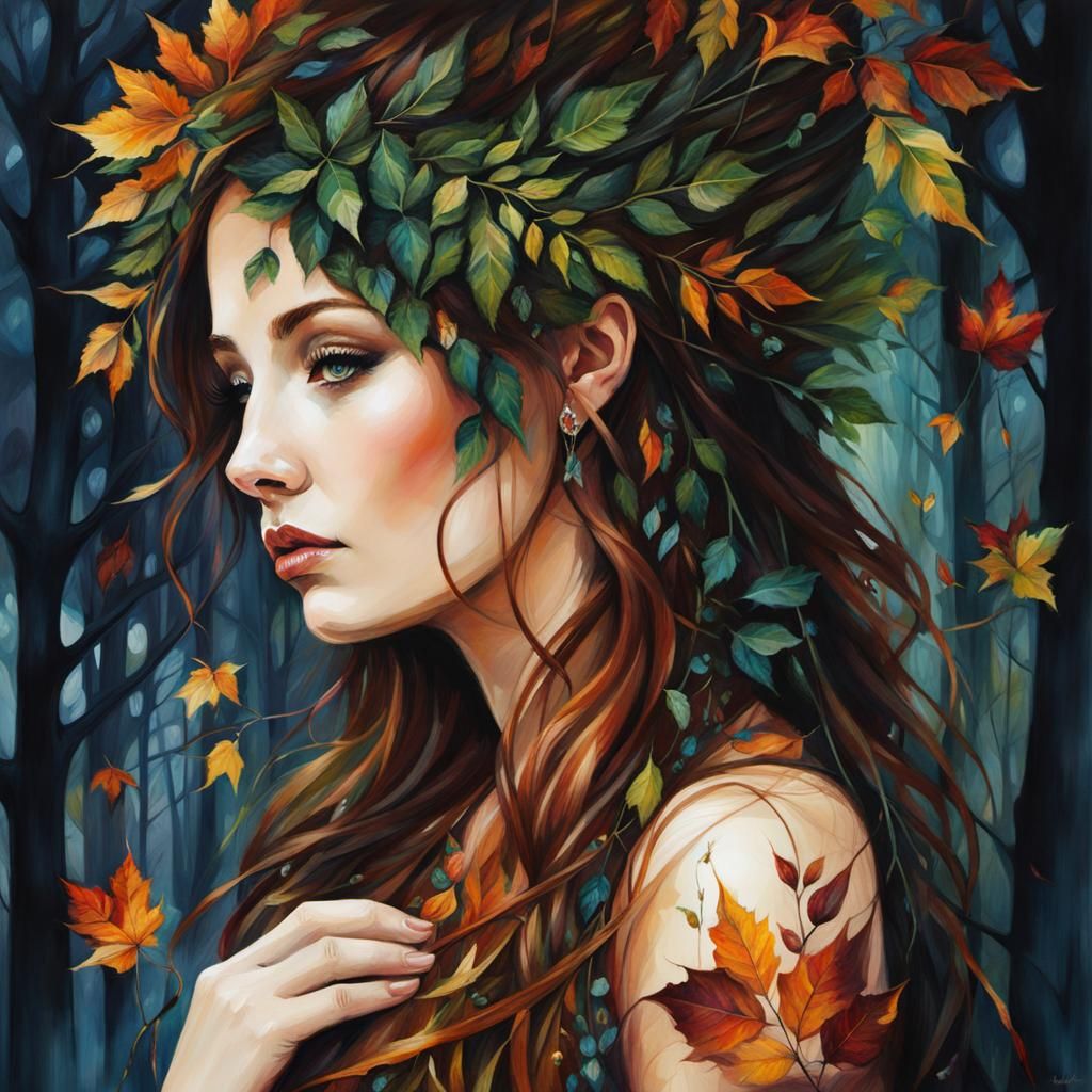 Foliage-Adorned Druid Lady in Mixed Media Style