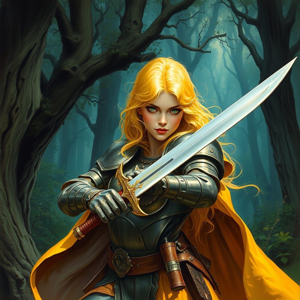Medieval Warrior Maiden in Mystical Forest