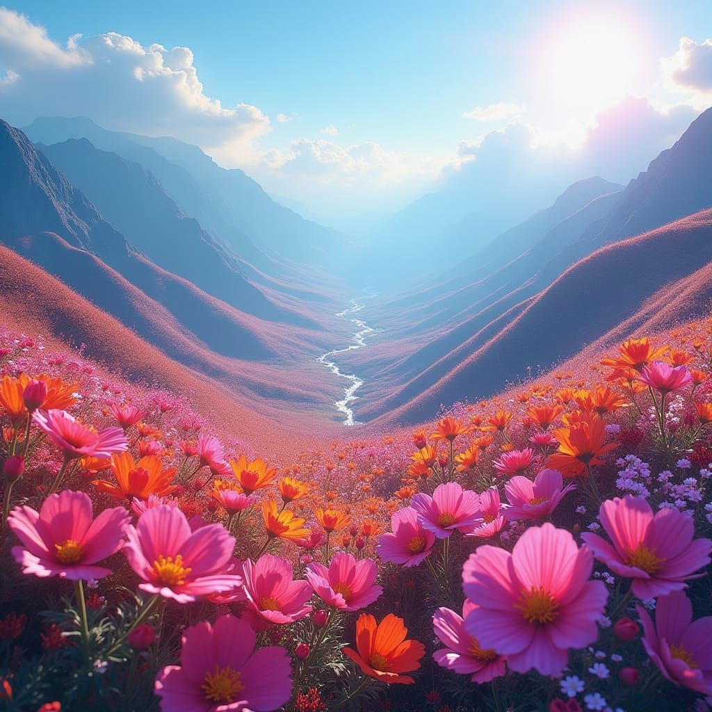 Neon Flowers in Valley: A Glossy Dreamscape
