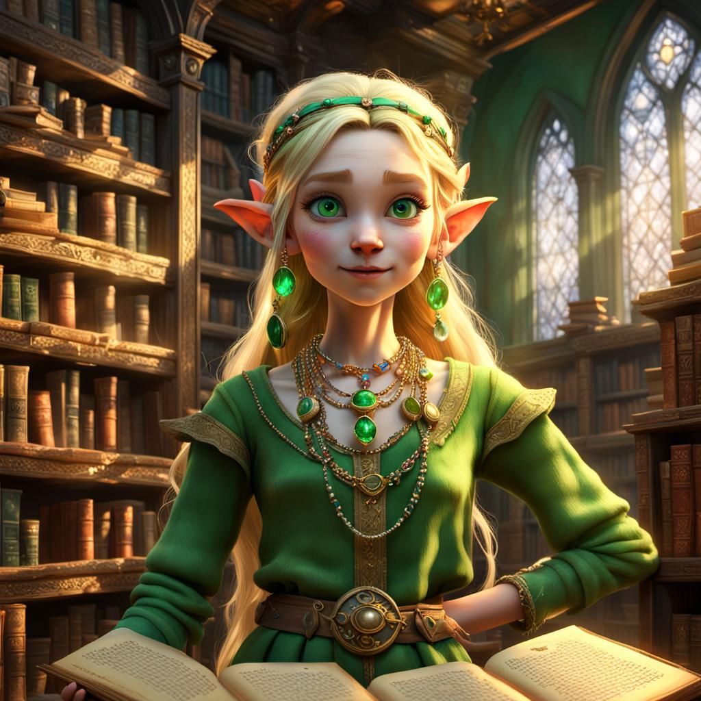 Punky Elf in Mystical Library, 3D Digital Art