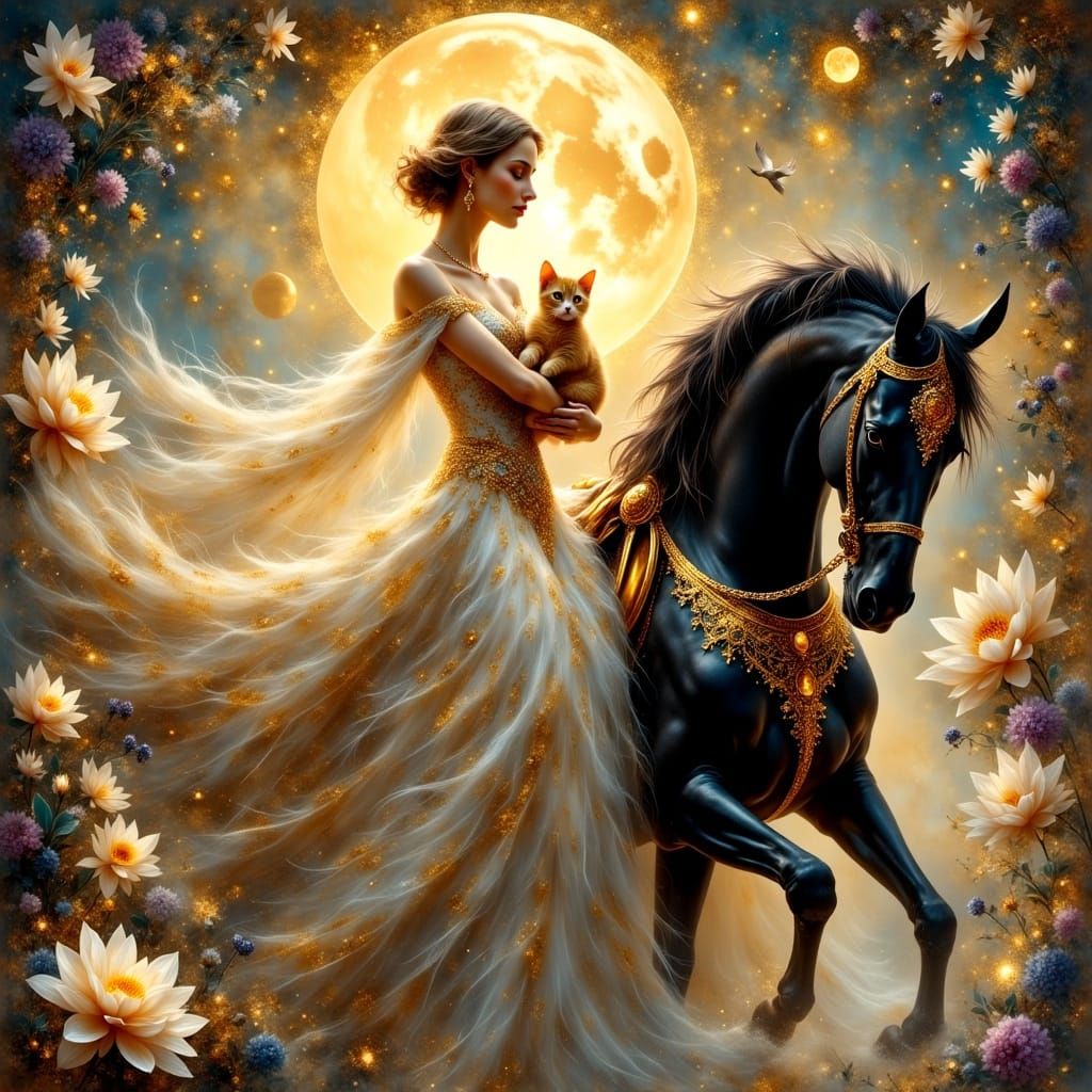 Ethereal Woman with Cat on Horse in Mythic Ocean Scene
