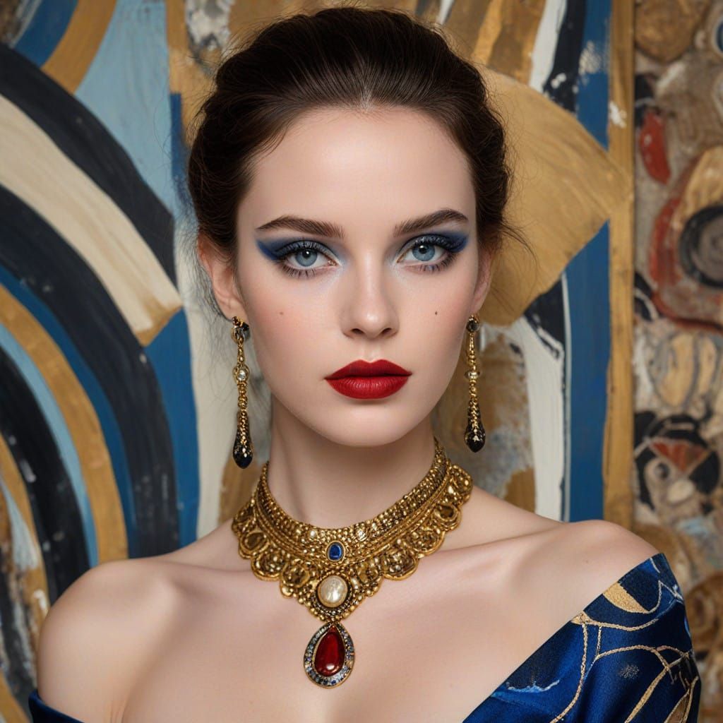 Un cap de Femeie frumoasa cu pielea măslinie cu ruj roșu pe buze ochi albaștri topaz cu un machiaj abstract cu auriu și ...