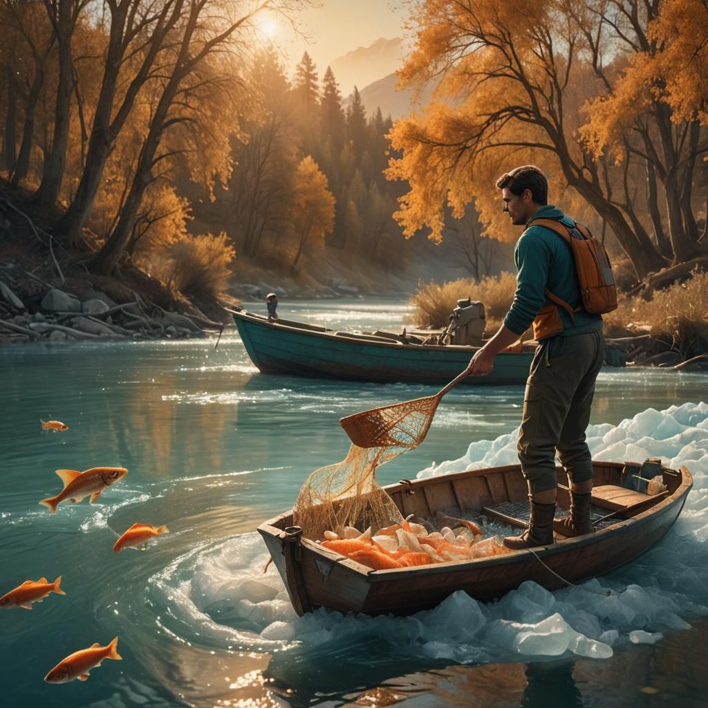Young Fisherman Casting Net: Fantasy Realism