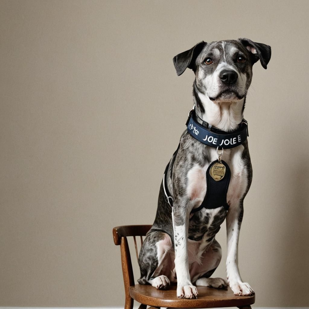 Dog with Collar ID 'JOE' on Chair