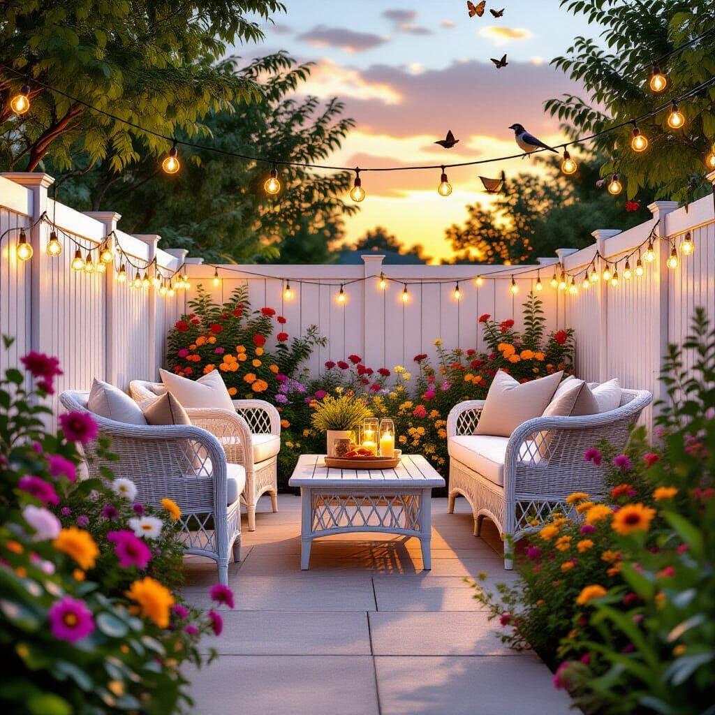 Spectacular Yard Landscape at Sunset with White Furniture