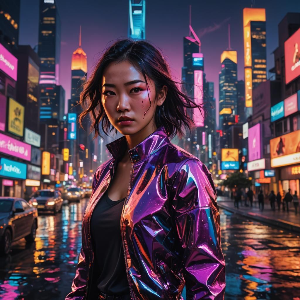Eurasian Superspy in Neon Cityscape: Digital Illustration