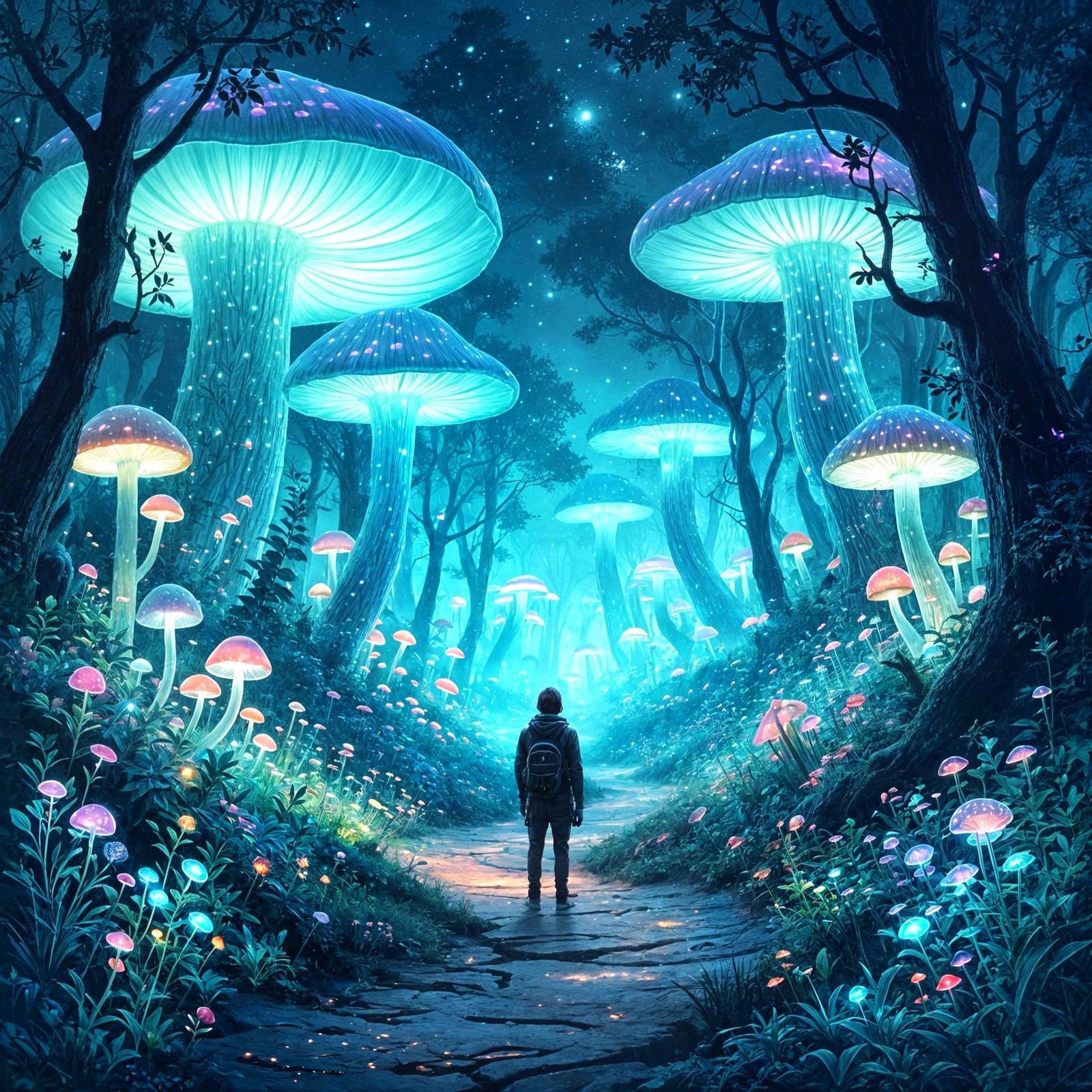 Bioluminescent Forest Path at Twilight