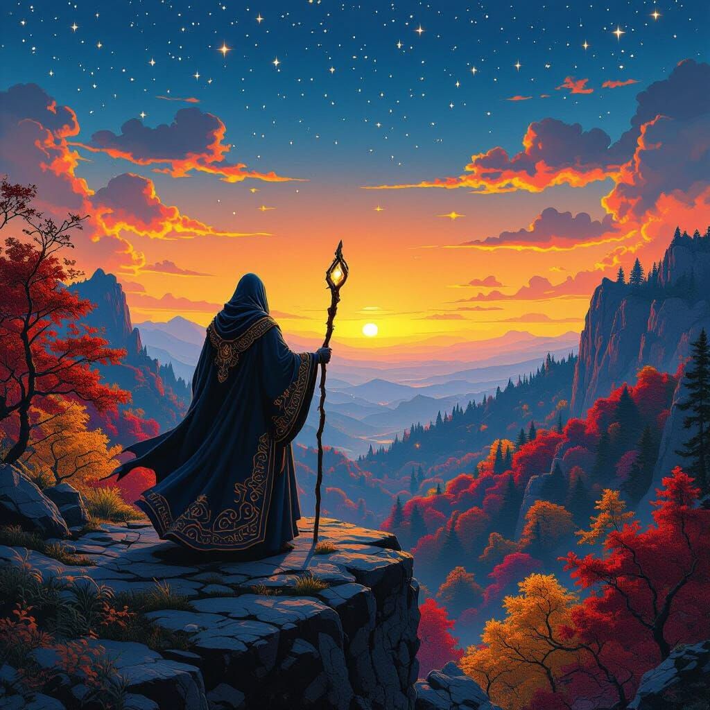 Retro pixel art. A lone wizard stands on a cliff overlooking...