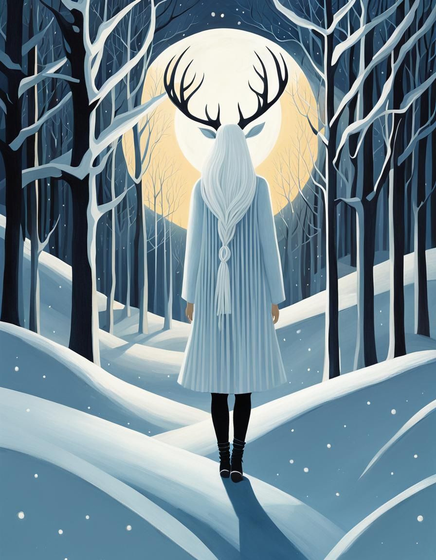 Moonlit Woman with Antlers in Snowy Forest