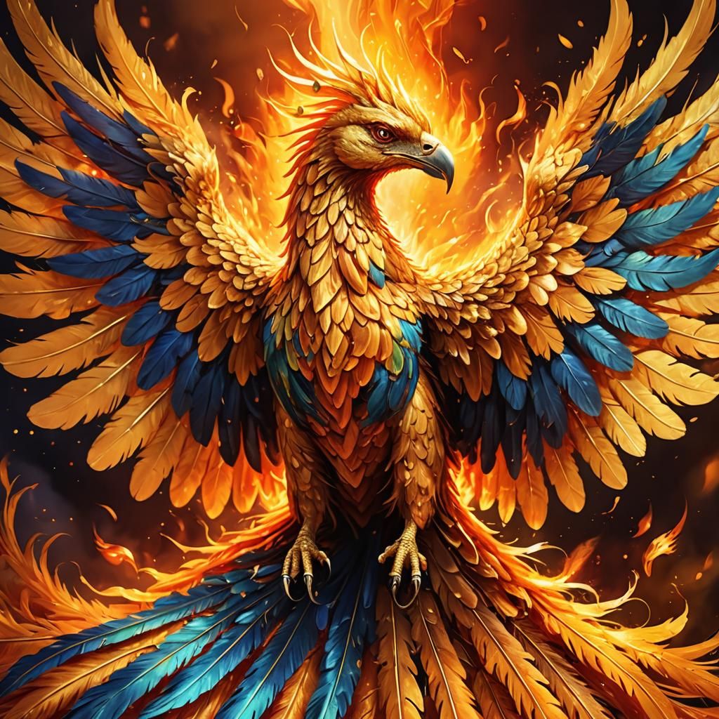 Golden Phoenix Spreading Wings in Fiery Landscape