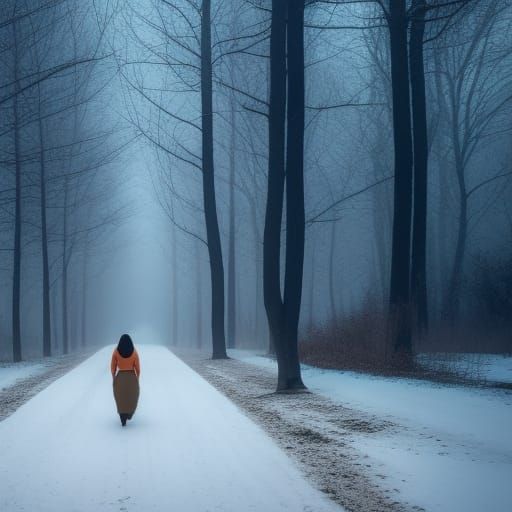 Woman Walks Forest Path in Winter Fog: Hyperrealism