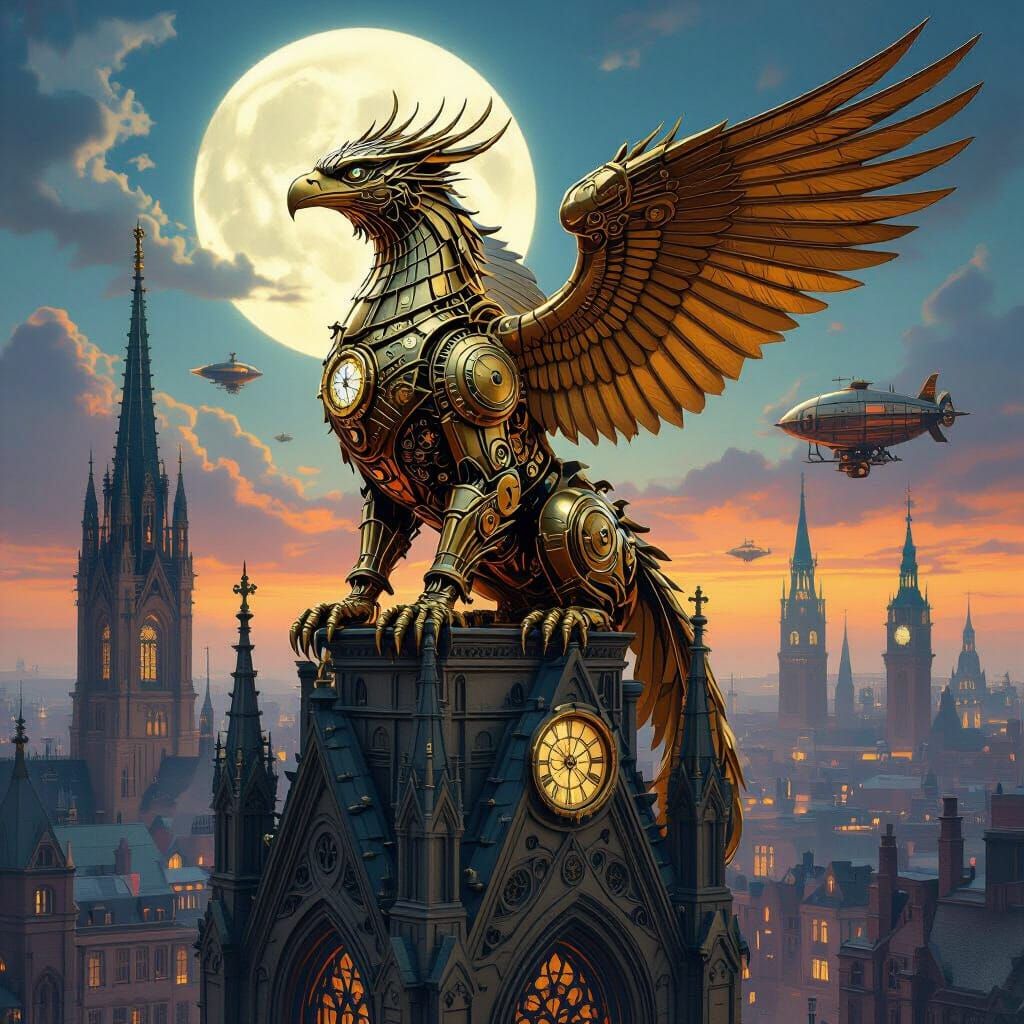Clockwork Griffin on Gothic Cathedral in Steampunk Cityscape