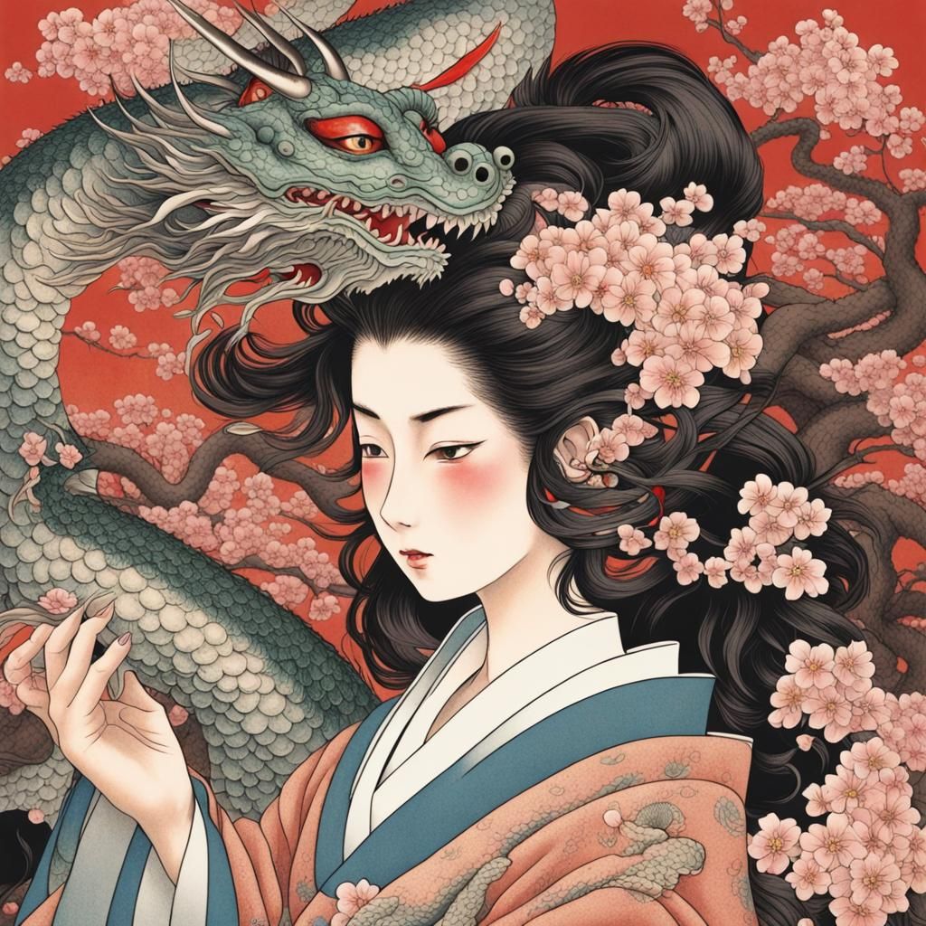 Geisha in Gas Mask with Japanese Dragon Art