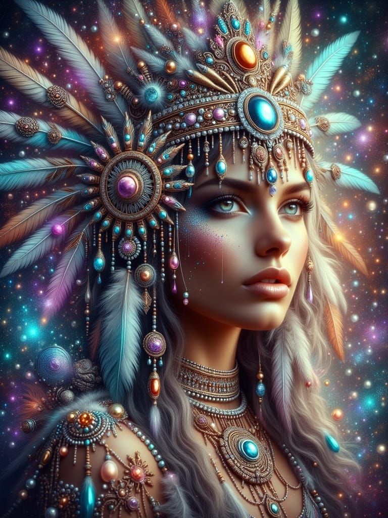Priestess Queen with Gemstone Crown in Fantasy Art