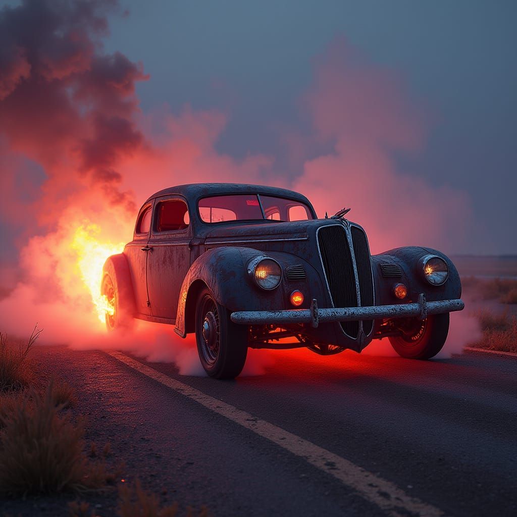 Gritty Rat Rod in Flames with Neon Lighting