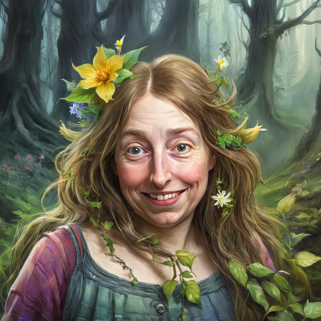Vibrant Fantasy Forest Troll with Flowers and Delicate Vines