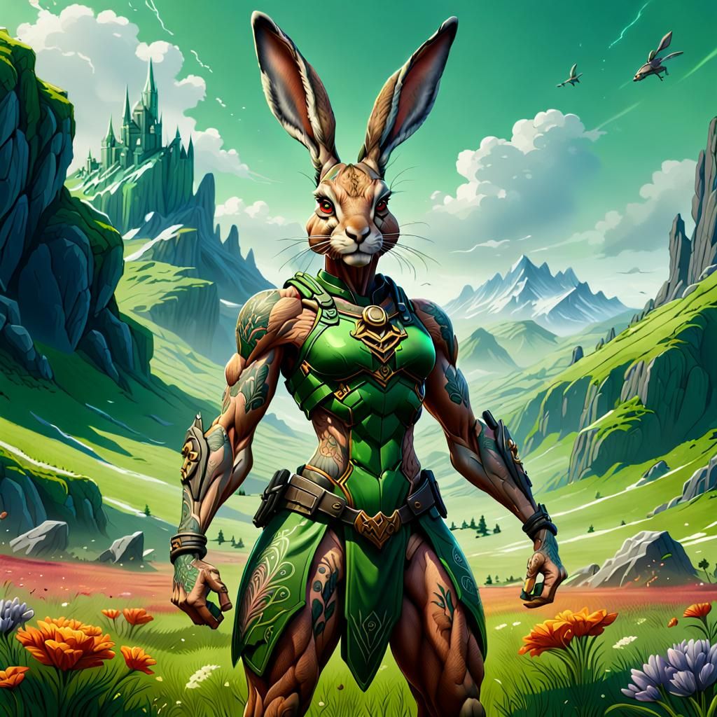 Strong Hare Warrior in Fantasy Landscape