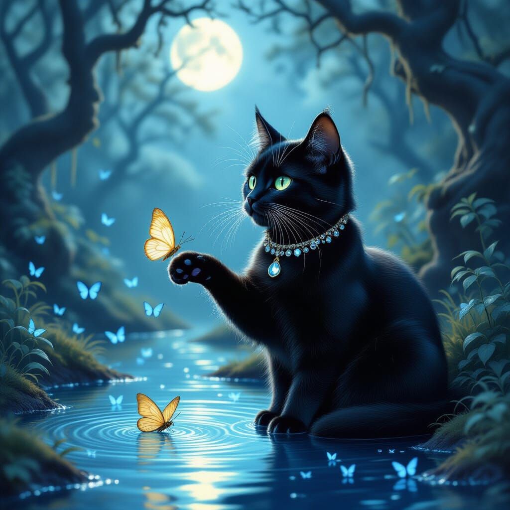 Mystical Black Cat and Golden Butterfly